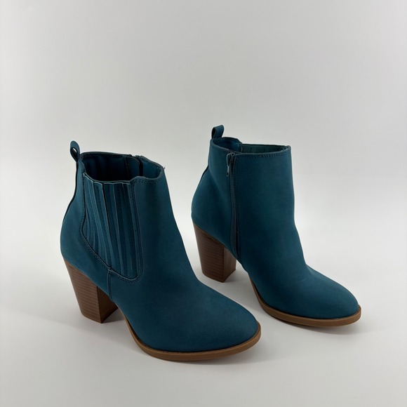 Serra Shoes - Serra‎ Teal Blue Suede Chelsea Block Heel Ankle Boots Size 8